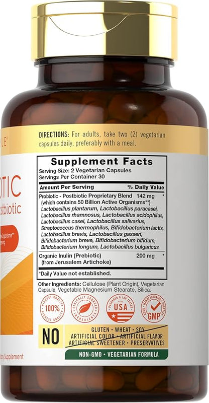 Carlyle Probiotic for Women and Men | 50 Billion CFU | 60 Capsules | Plus Prebiotic and Postbiotic | Complex Supplement | Vegetarian, Non-GMO, and Gluten Free