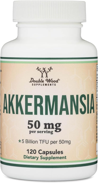 Akkermansia Probiotic and Postbiotic (Increases GLP-1 Production) 120 Capsules, 50mg per Serving (Third Party Tested to 5 Billion TFU per Serving, 50 Billion CFU per Gram) by Double Wood