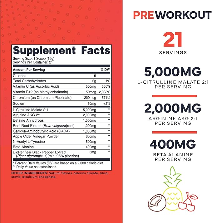 Ultra Clean Stim Free Pump Pre Workout + Nitric Oxide Booster (Fruit Punch) Beetroot, 7G Arginine Citrulline Malate, Betaine, Beta A, ACV+ - Sugar/Caffeine Free Natural Non Stim Preworkout Men & Women