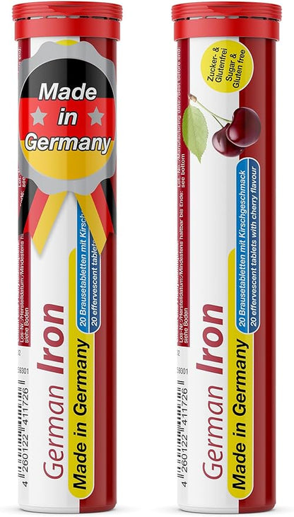 T&D German Iron 14 mg - 40 Vegan Drink Effervescent Tablets - Cherry Flavor - Made in Germany