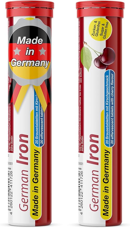 T&D German Iron 14 mg - 40 Vegan Drink Effervescent Tablets - Cherry Flavor - Made in Germany