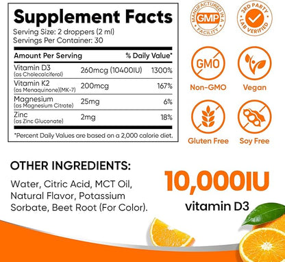 Venture Pal Vitamin D3 10000 iu Plus K2 (MK-7) 200 mcg Liquid Drops, Magnesium & Zinc MCT Oil | for Bone, Mood & Immune Health | High Absorption VIT K2 D3 Vitamin Supplement(Orange,2 Fl Oz)