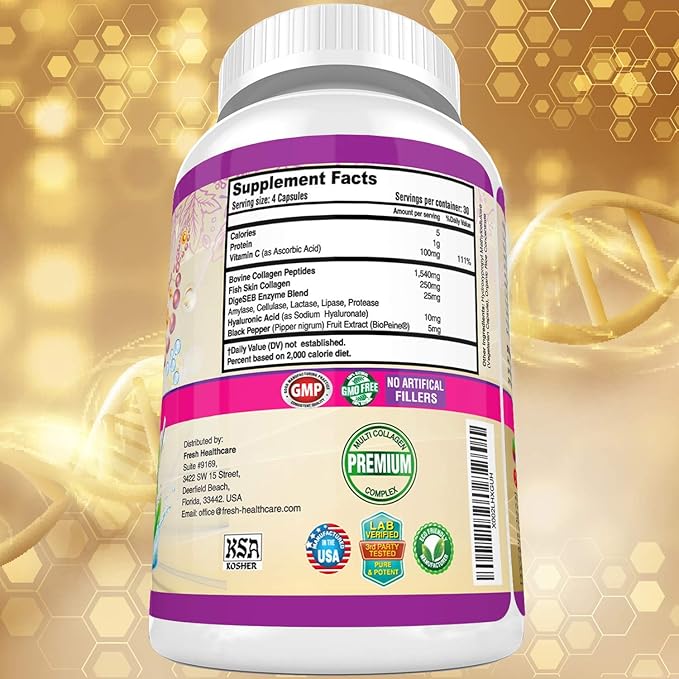 FRESH HEALTHCARE Multi Collagen Pills with Type I, II, III, V & X Peptides with Vitamin C, Hyaluronic Acid - Supports Healthy Hair, Skin, Nails and Joints - 120 Kosher Capsules