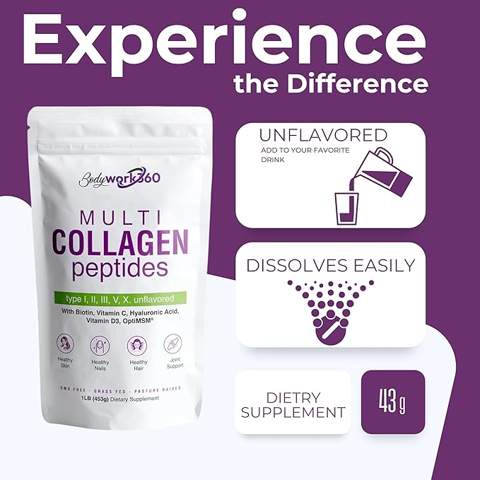 Multi Collagen Peptides Powder | Type I,II,III,V,X with Hyaluronic Acid, Biotin, Vitamin C, Vitamin D3 & OptiMSM - Unflavored