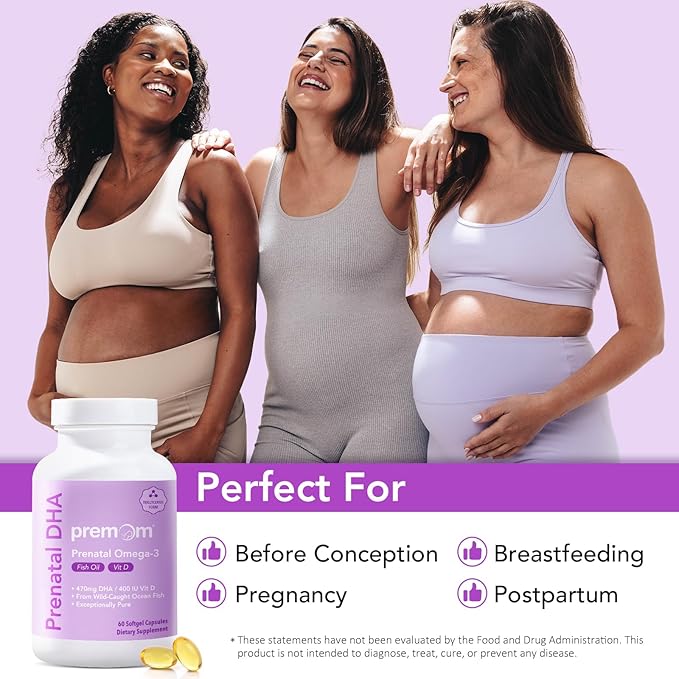 Premom Prenatal DHA Fish Oil: Triglyceride Omega 3 with 470mg DHA, 200mg EPA + 400 IU VIT D3 Supplement - Fertility Support for Women - Globally Sourced from Wild Caught Fish