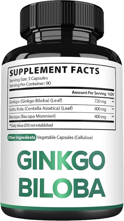 1520mg Ginkgo Biloba Supplements with Gotu Kola Leaf, Bacopa Monnieri - 270 Capsules - Extra Strength Support for Brain Health, Memory Function, Focus & Vision Quality - 3 Month Supply