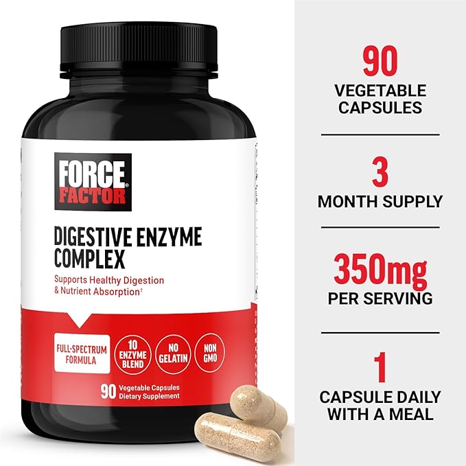 FORCE FACTOR Digestive Enzymes Complex to Support Digestive Health, Gut Health, and Provide Bloating Relief for Women and Men, Full-Spectrum 10 Digestive Enzymes, Non-GMO, 90 Capsules