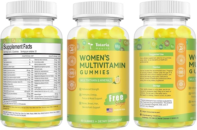 Sugar Free Multivitamin Gummies for Women 14+ w/Iron, Bariatric Multivitamin, Inositol, Folate, Biotin, Womens Daily Gummy w/Vitamin A, D, C, B, for Hair, Skin, Energy, Immune, Lemon Flavor
