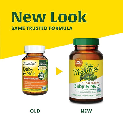 MegaFood Baby & Me 2 Prenatal Vitamins for Women, DHA & Choline Supplements, Liquid DHA and Choline for Baby's Brain and Eye Development During Pregnancy, Vegan, 60 Capsules (30 Servings)