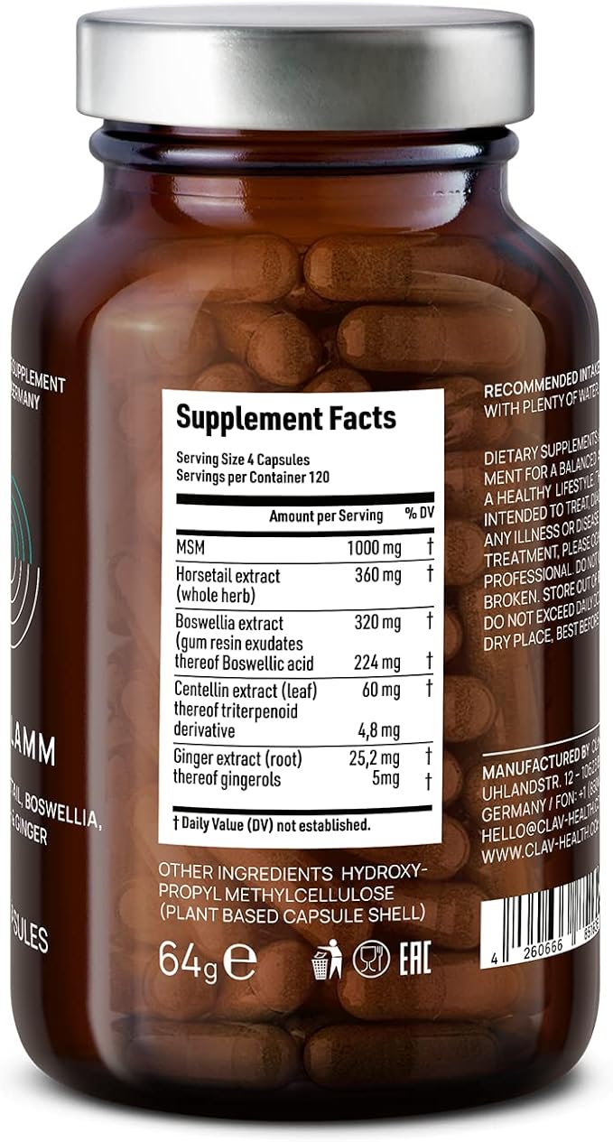 CLAV Boswellia Extract Capsules with MSM, Horsetail Extract, Gotu Kola & Ginger Extracts - Joint Support Supplement - 120 Capsules