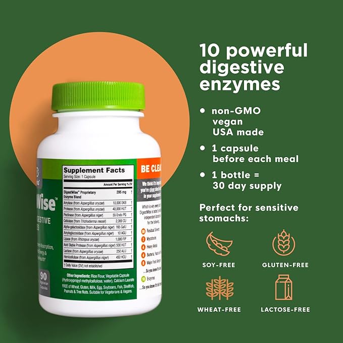 DigestWise Digestive Enzymes - 10 Powerful Vegan Enzymes to Support Digestion, Gas, Bloating & Constipation Relief - Keto Friendly - Lab Tested - 90 Capsules (6)