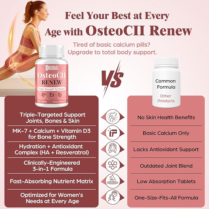 Joint Supplements for Women OsteoCII Renew Triple Strength – Advanced Joint, Bone & Skin Formula – Collagen, Glucosamine, Chondroitin, Calcium, MK-7, Vitamin D3, Hyaluronic Acid, 180 Tablets