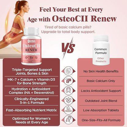 Joint Supplements for Women OsteoCII Renew Triple Strength – Advanced Joint, Bone & Skin Formula – Collagen, Glucosamine, Chondroitin, Calcium, MK-7, Vitamin D3, Hyaluronic Acid, 180 Tablets
