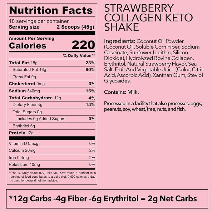 Keto Collagen Shake (Strawberry) - with Coconut Oil, Prebiotics, Grass Fed Hydrolyzed Collagen Peptides Type I & III, Low Carb, Gluten Free,1.78lbs.
