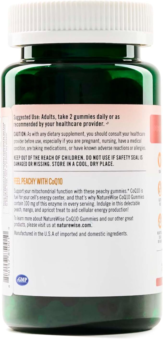 NatureWise CoQ10 Gummies 100mg - Peach Mango Flavor - Supplement for Heart Health & Antioxidant Activity - Pectin-Based, Vegan, Soy and Gluten Free, Non-GMO - 60 Count[1-Month Supply]
