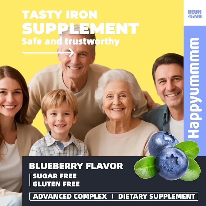 Iron Soft Chews Supplement with Vitamin C | Blueberry Flavored | Gluten Free | Iron Supplement for Women Men and Kids | 60 Count | 2 Month Supply