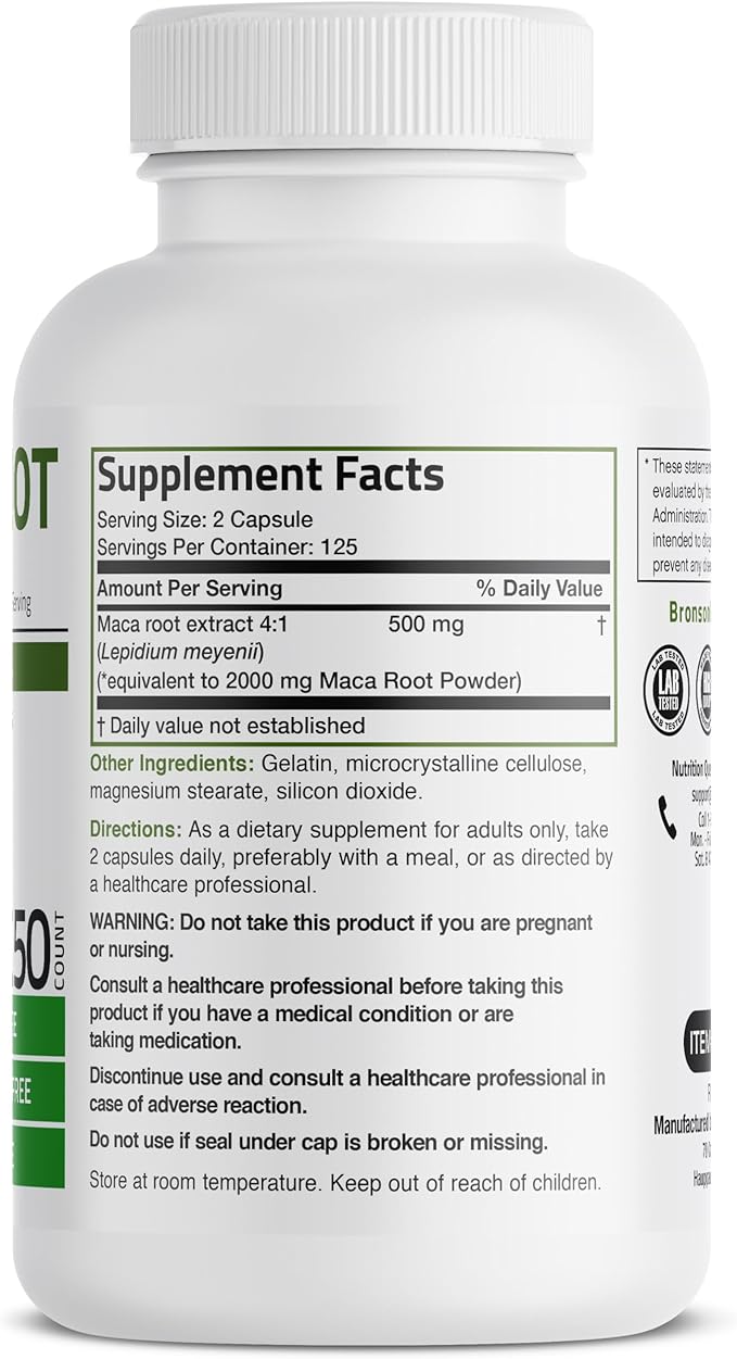 Bronson Maca Root Lepidium Meyenii Non-GMO, 250 Vegetarian Capsules