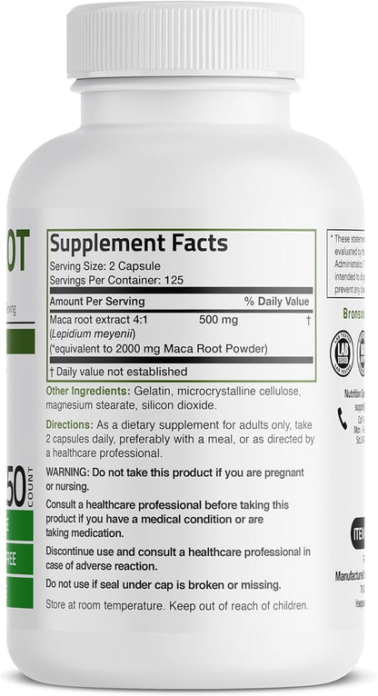 Bronson Maca Root Lepidium Meyenii Non-GMO, 250 Vegetarian Capsules