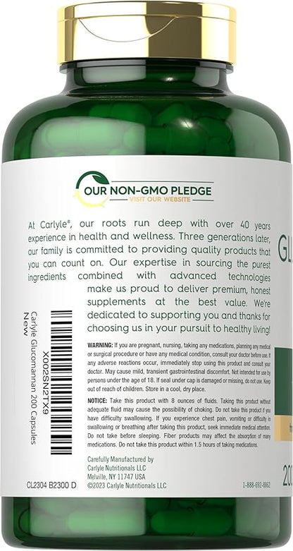 Carlyle Glucomannan Capsules | 200 Count | Soluble Fiber Pills | Non-GMO, Gluten Free Supplement
