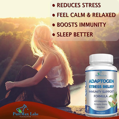 Adaptogen Stress Relief Immune Support Formula - Adaptogenic Adrenal Support with Ashwagandha, Astragalus, Ginseng, Holy Basil, Rhodiola, Amla, Maca, Schisandra, Non-GMO - 60 Capsules