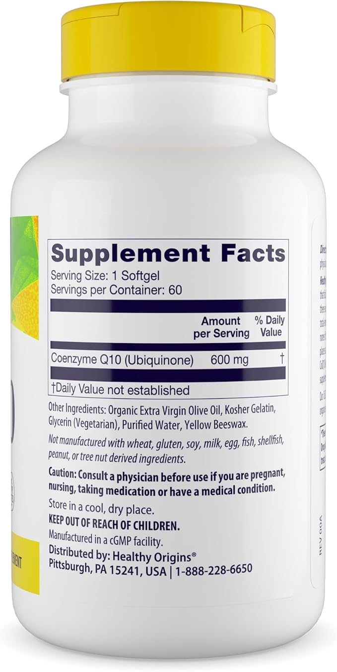 Healthy Origins® CoQ10 600 mg – Natural Trans-Isomer Ubiquinone – Yeast Fermented, Supports Heart Health & Cellular Energy – Non-GMO 60 Softgels