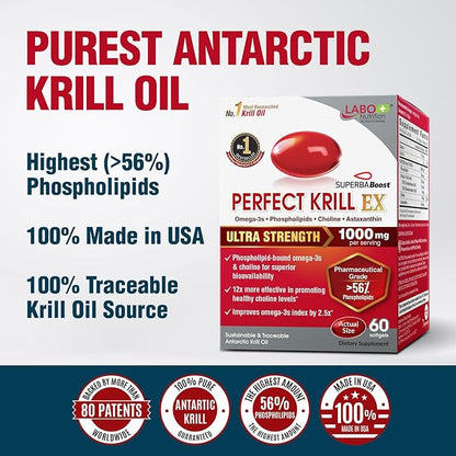 LABO Nutrition Perfect Krill EX, 1000mg Antarctic Krill Oil Omega 3 EPA DHA, Highest Phospholipids (Over 56%) with Choline, Astaxanthin | Heart Brain Eye Joint Health, Made in USA, 60 softgels