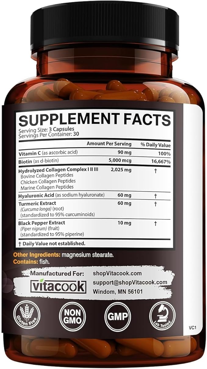 Collagen Peptides Complex, Type I, II, III, 2025 MG, Hydrolyzed Multi Collagen, VC, Biotin, HA, Turmeric & Black Pepper, for Skin, Hair, Nails, 90 Caps