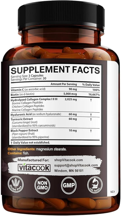 Collagen Peptides Complex, Type I, II, III, 2025 MG, Hydrolyzed Multi Collagen, VC, Biotin, HA, Turmeric & Black Pepper, for Skin, Hair, Nails, 90 Caps