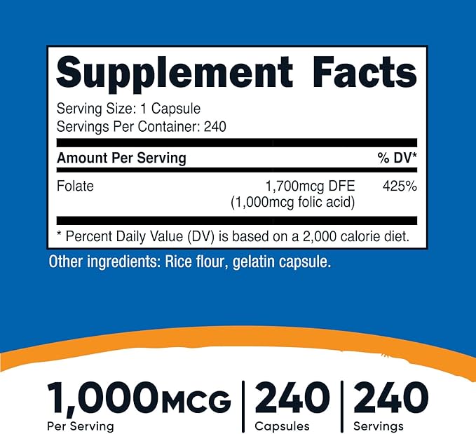 Nutricost Folic Acid (Vitamin B9) 1000 mcg, 240 Capsules