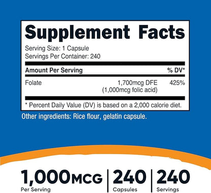 Nutricost Folic Acid (Vitamin B9) 1000 mcg, 240 Capsules