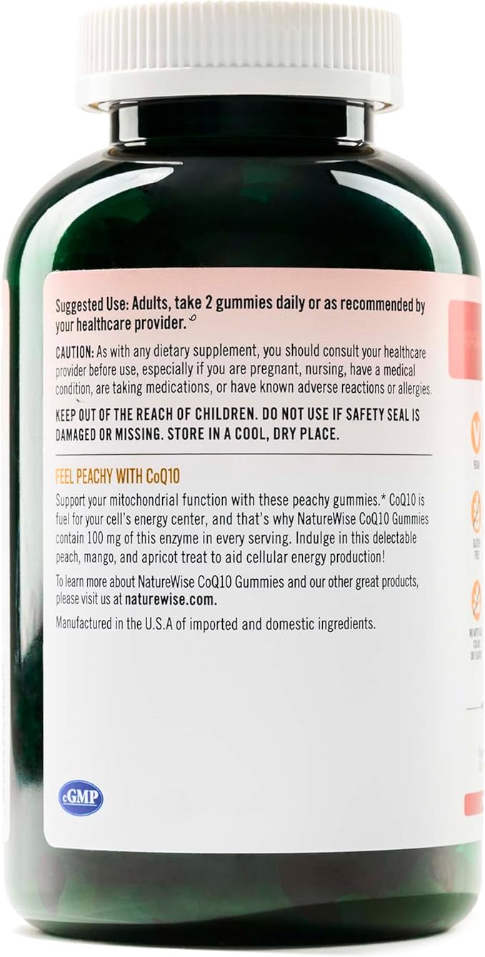 NatureWise CoQ10 Gummies 100mg - Peach Mango Flavor - Supplement for Heart Health & Antioxidant Activity - Pectin-Based, Vegan, Soy and Gluten Free, Non-GMO - 180 Count[3-Month Supply]