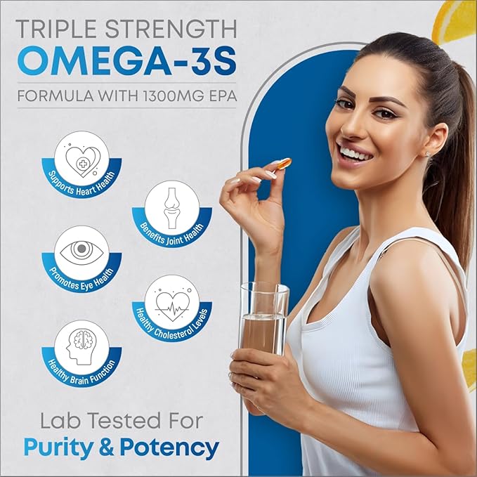 Dr. Wise Omega-3 Fish Oil 3600mg - One Per Day - Triple Strength EPA 1300mg & DHA 860mg - Burpless Lemon Flavor - Heart, Brain & Joint Support - High Potency Supplement - 90 Softgels - Made in USA.