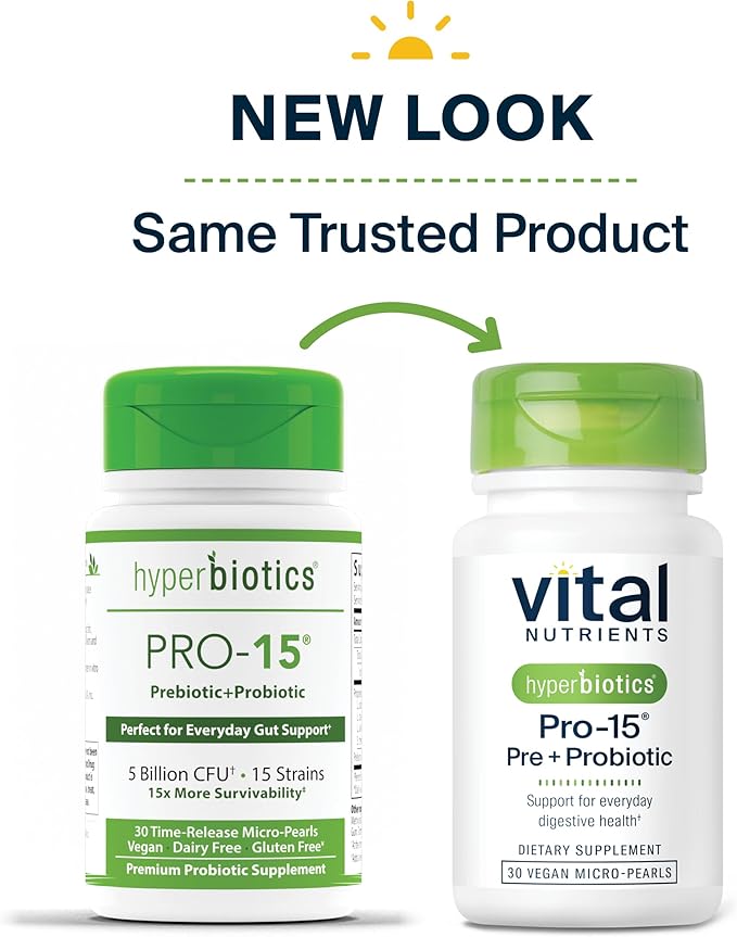 Hyperbiotics Vital Nutrients Pro-15 Prebiotics + Probiotics for Women and Men | 15 Science Backed Strains | Supports Occasional Constipation, Diarrhea, Gas & Bloating | 30 Vegan Time Release Pearls