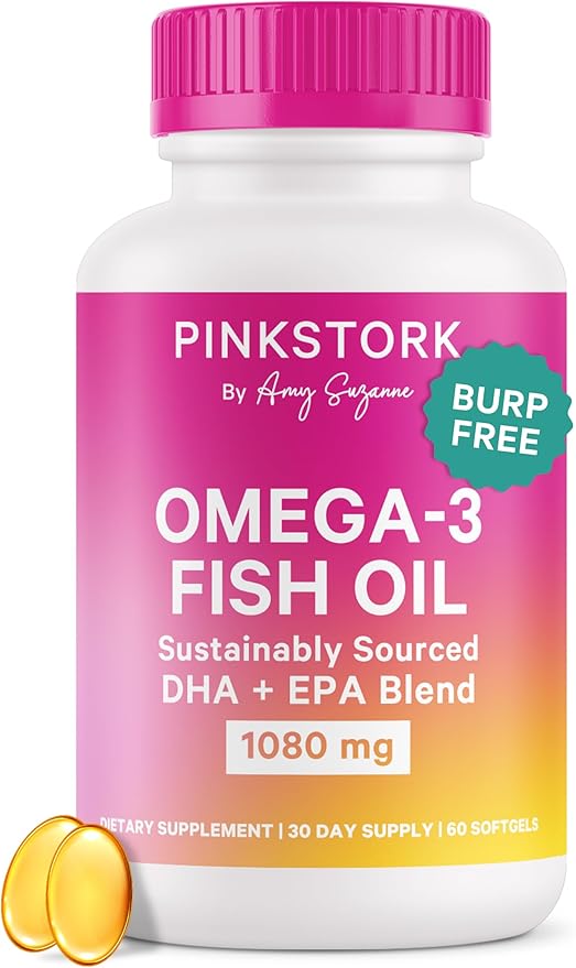 Pink Stork Omega 3 Fish Oil Supplements for Women with DHA and EPA - High Potency Burpless Omega-3 Supplement for Cognitive Health - 60 Softgels