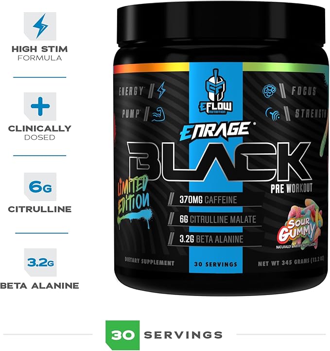 eFlow Nutrition Enrage Black High Stimulant Pre Workout Supplement - Preworkout Powder to Boost Energy, Pumps and Strength - 4 Flavors (30 Servings) (Sour Gummy)