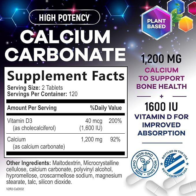 Calcium 1200 mg with Vitamin D3, Calcium Supplement Vitamins, Bone, Teeth & Immune Health Support, Calcium Supplements with D for Women & Men, Nature's Absorbable Calcium Carbonate - 240 Tablets