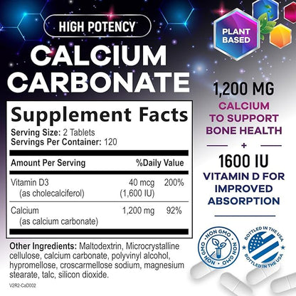 Calcium 1200 mg with Vitamin D3, Calcium Supplement Vitamins, Bone, Teeth & Immune Health Support, Calcium Supplements with D for Women & Men, Nature's Absorbable Calcium Carbonate - 240 Tablets