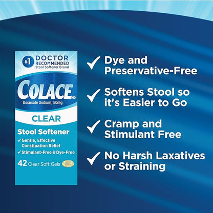 Colace Clear Stool Softener Soft Gel Capsules Constipation Relief 50mg Docusate Sodium Doctor Recommended 42ct