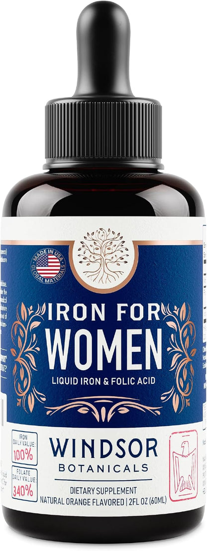 Liquid Iron Supplement for Women 2-Pack - Folic Acid, Vitamin C, Vegan Liquid Iron Supplements for Anemia, Menstruation, Pregnancy Support - Drops Orange Flavor - 2x2oz