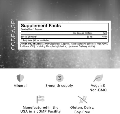 Codeage Liposomal Zinc Supplement – 3 Month Supply – One Per Day - 50 mg Zinc Gluconate Vitamin Pills - Essential Mineral Supplements Zinc Plus Liposomal Delivery Matrix - Vegan Non-GMO - 100 Capsules