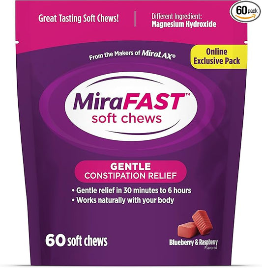 MiraFAST Soft Chews, from the makers of MiraLAX, Gentle Constipation Relief in 30min-6hrs, Fast Acting Laxative, Stimulant Free Saline Laxative, Magnesium Hydroxide, Blueberry & Raspberry Flavor, 60ct