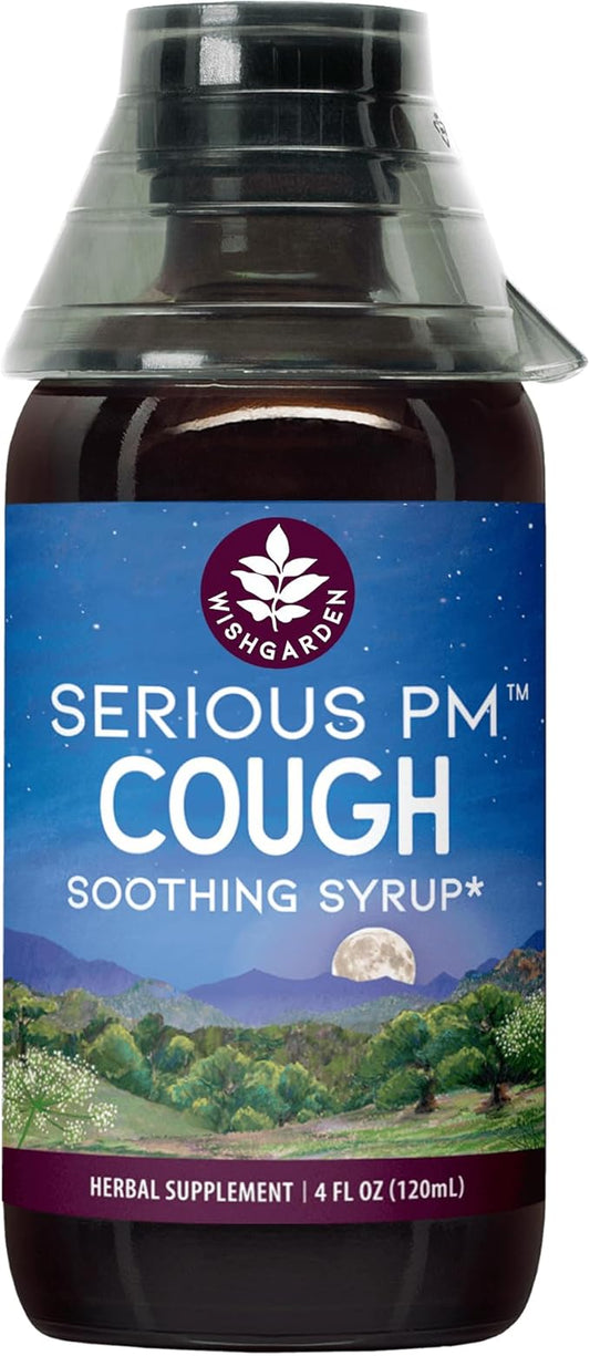 WishGarden Herbs Serious Cough PM Soothing Syrup - Natural Herbal Nighttime Cough Suppressant for Adults with Mullein Leaf Calms Cough Reflex, Normalizes Mucus Production, Supports Restful Sleep, 4oz