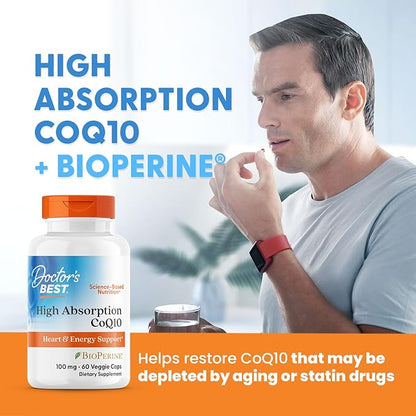 Doctor's Best High Absorption CoQ10 with BioPerine, Vegan, Gluten Free, Naturally Fermented, Heart Health & Energy Production, 100 mg 60 Veggie Caps