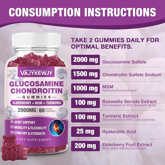 2 Packs 2000mg Glucosamine Chondroitin Gummies, Extra Strength Glucosamine with Chondroitin MSM & Turmeric, Joint Support Supplement, Antioxidant Immune Support - 120 Gummies