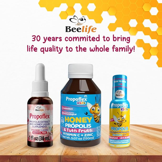 Beelife Bee Propolis Cough Syrup Kids- Triple-Action - Natural Syrup, Brazilian Green Propolis, Zinc, Bromelain, Vitamin C- Support Immunity & Recovery - from Brazil, Tutti Fruit Flavor, 150 ml