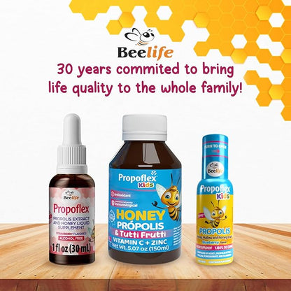Beelife Bee Propolis Cough Syrup Kids- Triple-Action - Natural Syrup, Brazilian Green Propolis, Zinc, Bromelain, Vitamin C- Support Immunity & Recovery - from Brazil, Tutti Fruit Flavor, 150 ml