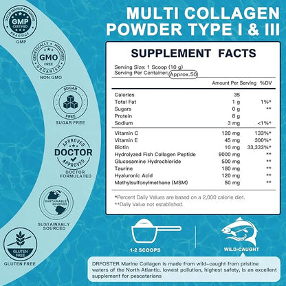 Marine Collagen Peptides Powder with MSM + GC, Multi Type I & III Collagen with Hyaluronic Acid, Vitamin C & E for Skin, Hair & Nails, Wild-Caught Fish, 45 Servings