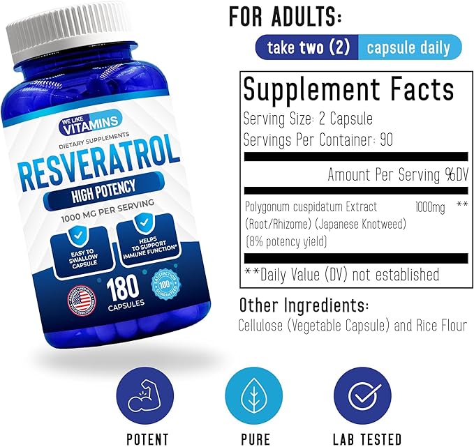 We Like Vitamins Resveratrol 1000mg per Serving - 180 Easy to Swallow Veggie Capsules - Natural Resveratrol Supplement 1000mg - Antioxidant Supplement Helps Support Anti-Aging and Immune System