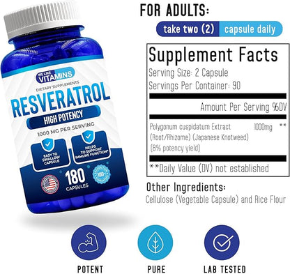 We Like Vitamins Resveratrol 1000mg per Serving - 180 Easy to Swallow Veggie Capsules - Natural Resveratrol Supplement 1000mg - Antioxidant Supplement Helps Support Anti-Aging and Immune System
