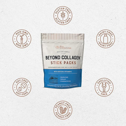 Live Conscious Beyond Collagen Peptides Powder Unflavored Packets - Hydrolyzed Collagen Powder - Hair Skin Nail & Joint Support - Multi Type Collagen Supplements for Women & Men